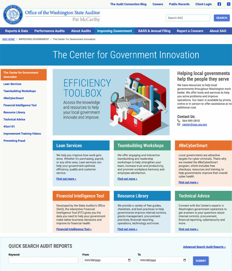 Final design of the same page about improvement resources on the Washington State Auditor's Office website.