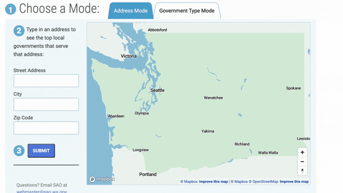 A GIF animation of the interactive map of Washington State governments on the Washington State Auditor's website.