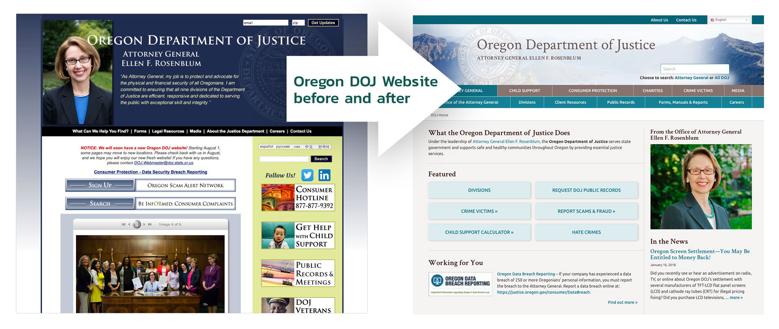 Before and after views of the home page of the Oregon Attorney general.