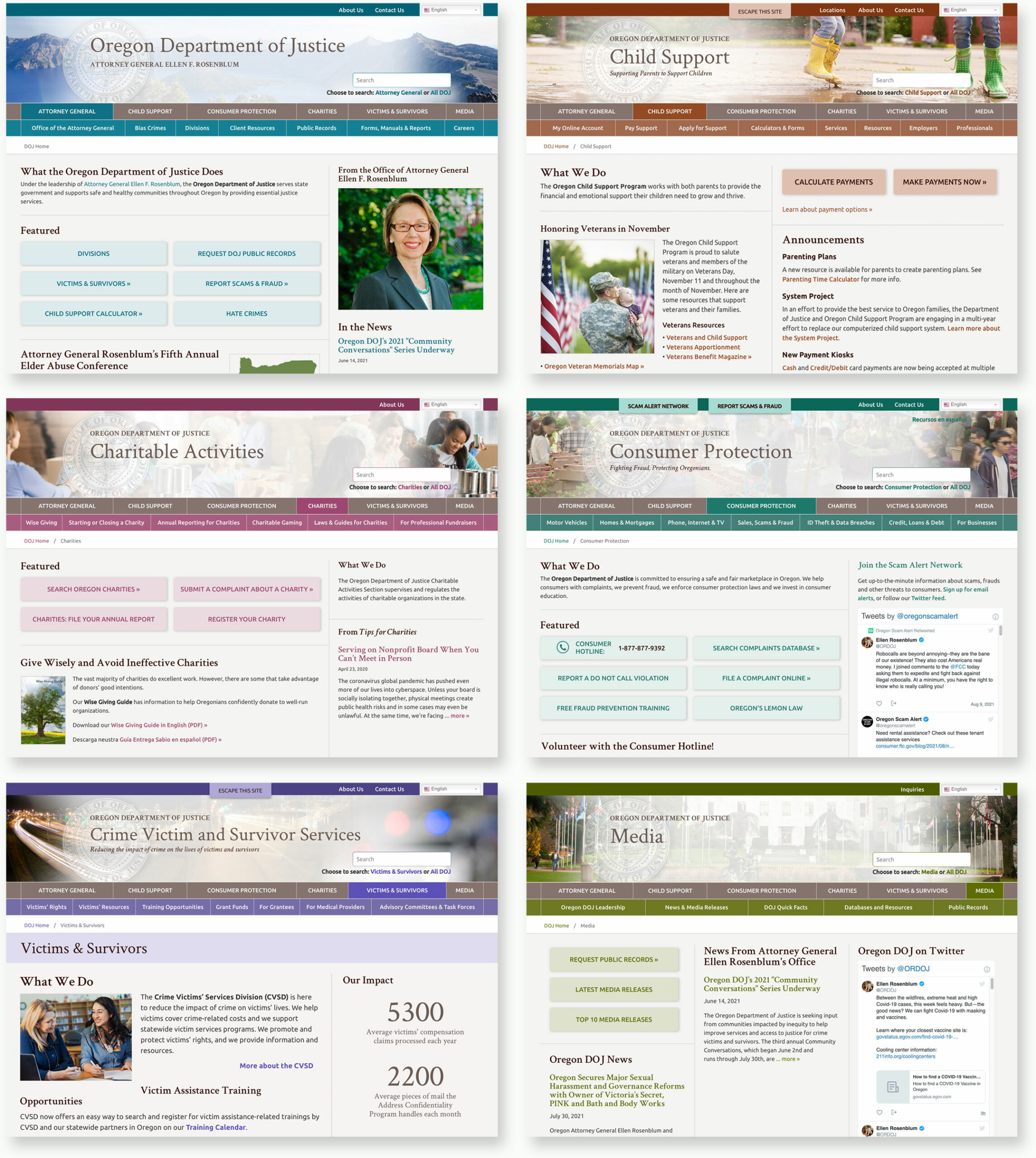 Home pages of the Oregon DOJ Office of the Attorney General, Division of Child Support, Charitable Activities Section, Division of Consumer Protection, Crime Victims and Survivors' Division, and a sub site for the media.