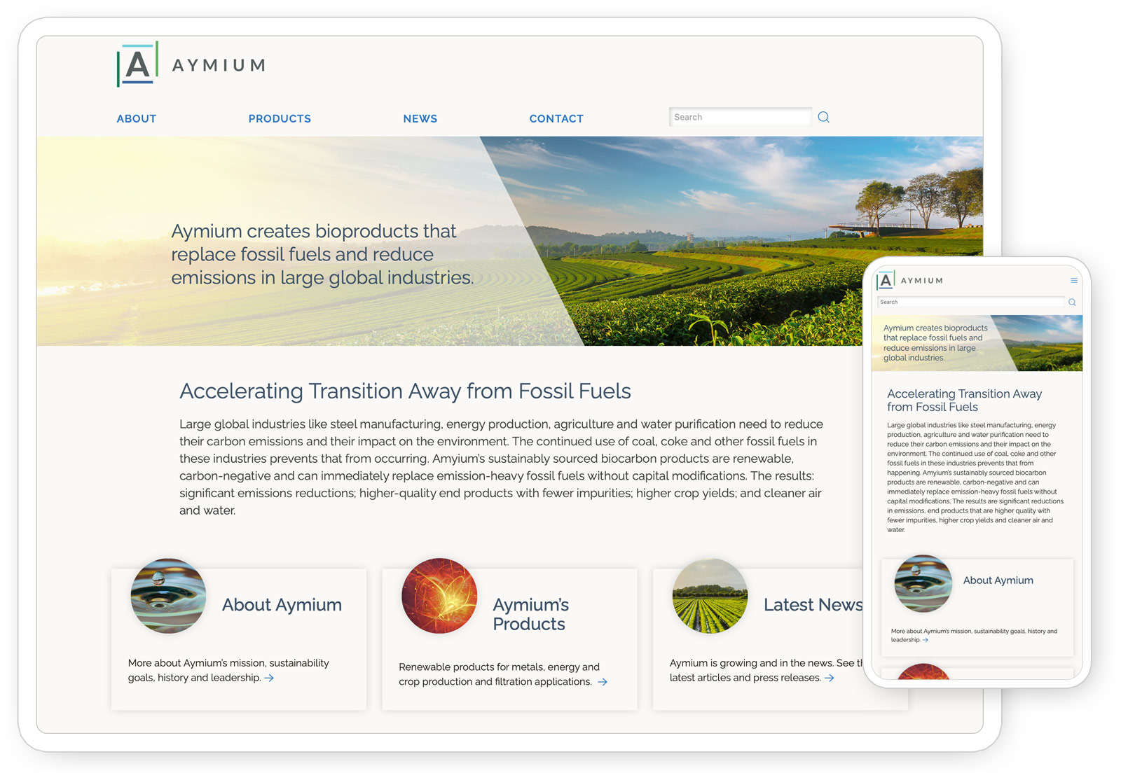 Home page of the Aymium website seen on a tablet and phone.