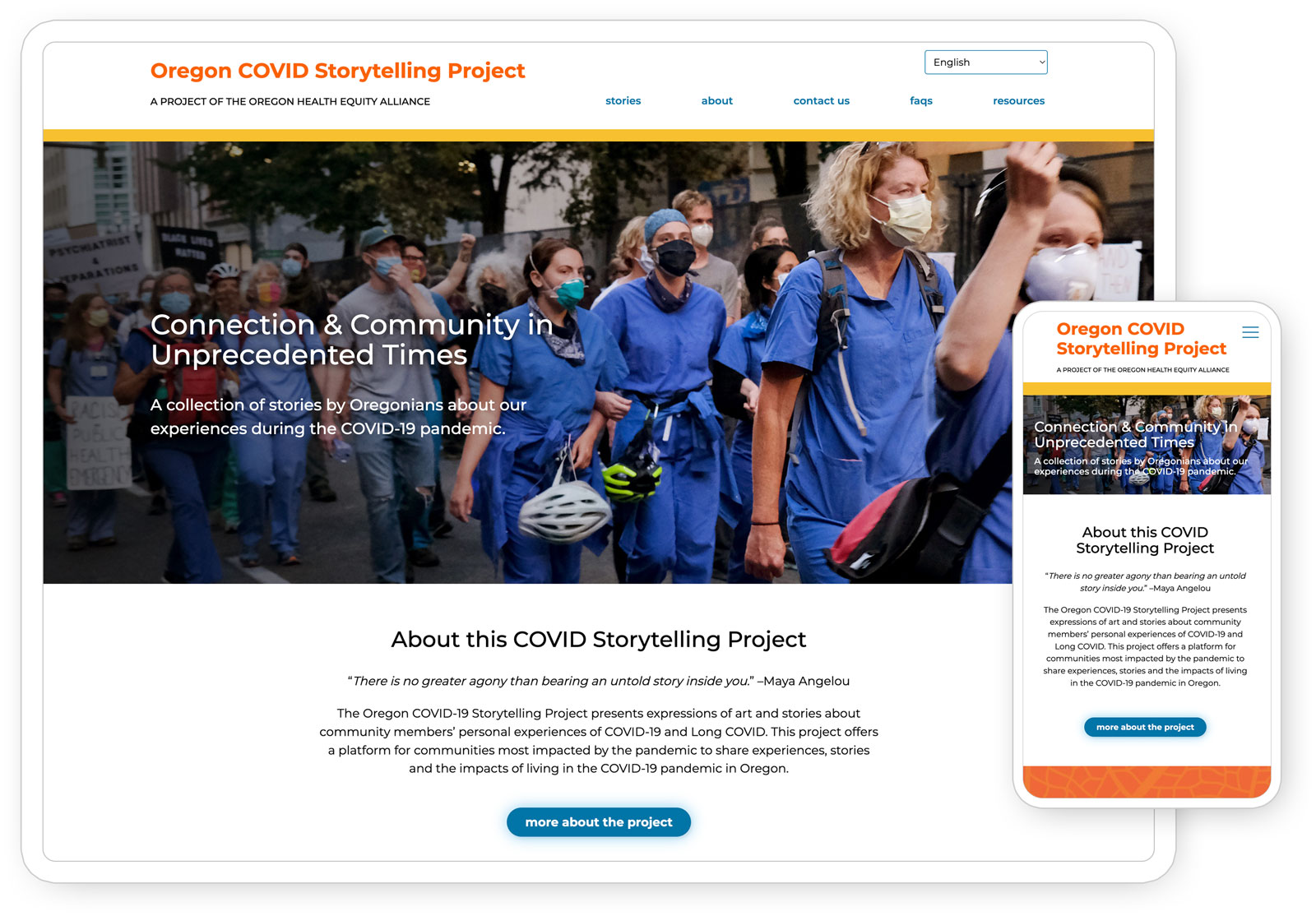 Home page of the Oregon Health Equity Alliance COVID Storytelling Project website seen on a tablet and phone.