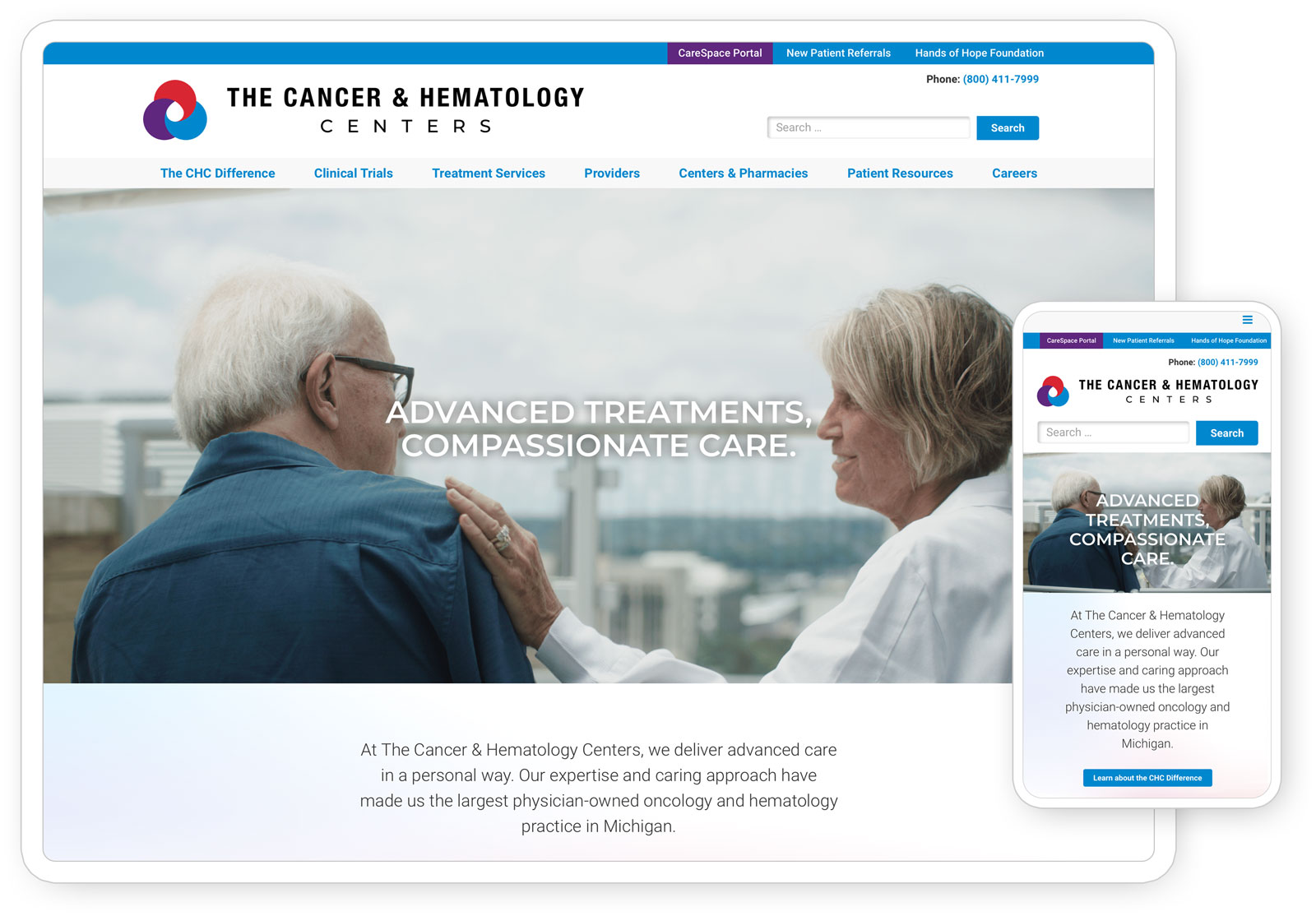 Home page of the Cancer and Hematology Centers website seen on a tablet and phone.