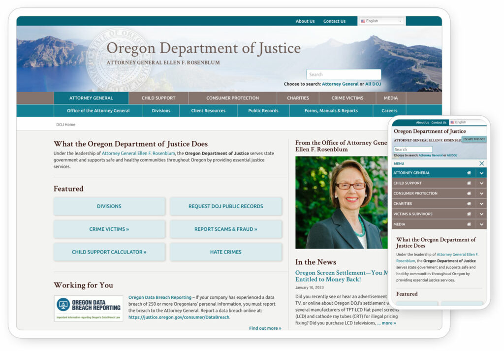 Home page of the Oregon Attorney General's website at the DOJ, seen on a tablet and phone.