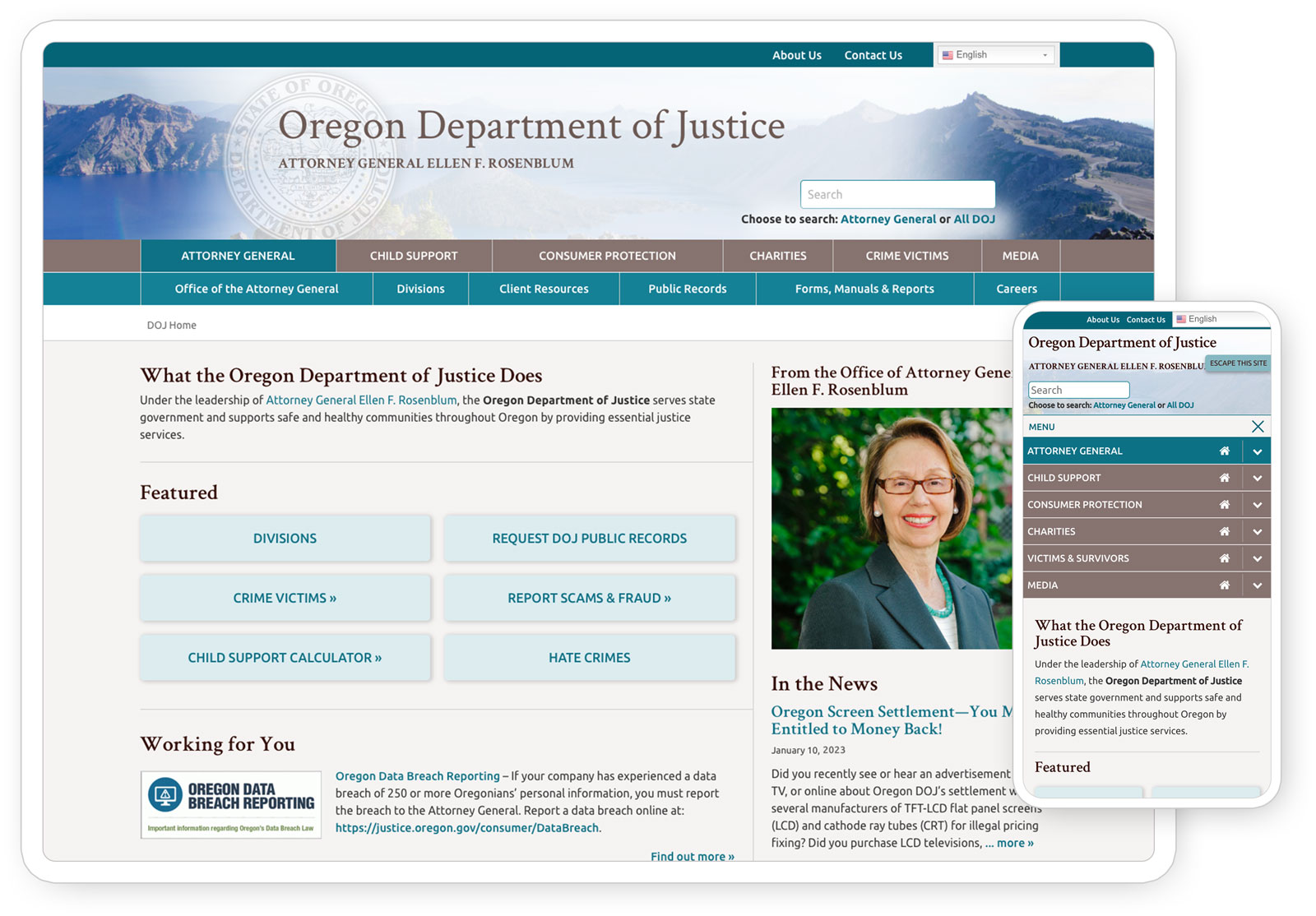 Home page of the Oregon Attorney General's website at the DOJ, seen on a tablet and phone.