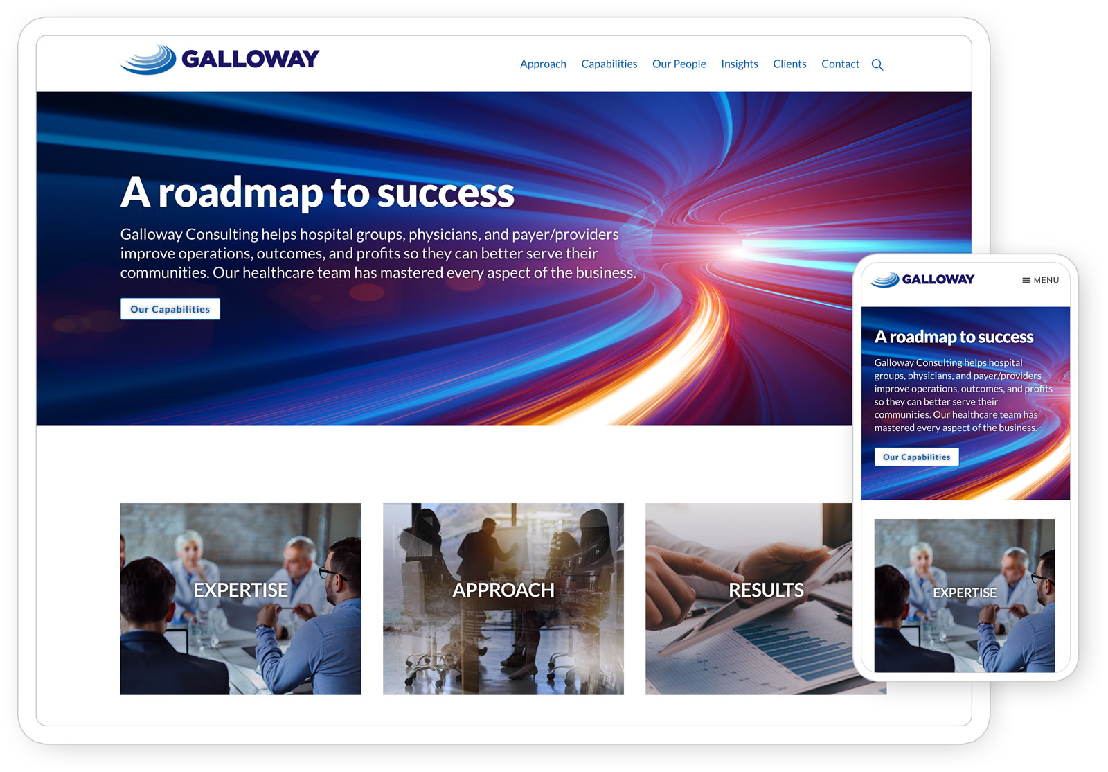 Home page of the Galloway Consulting website seen on a tablet and phone.