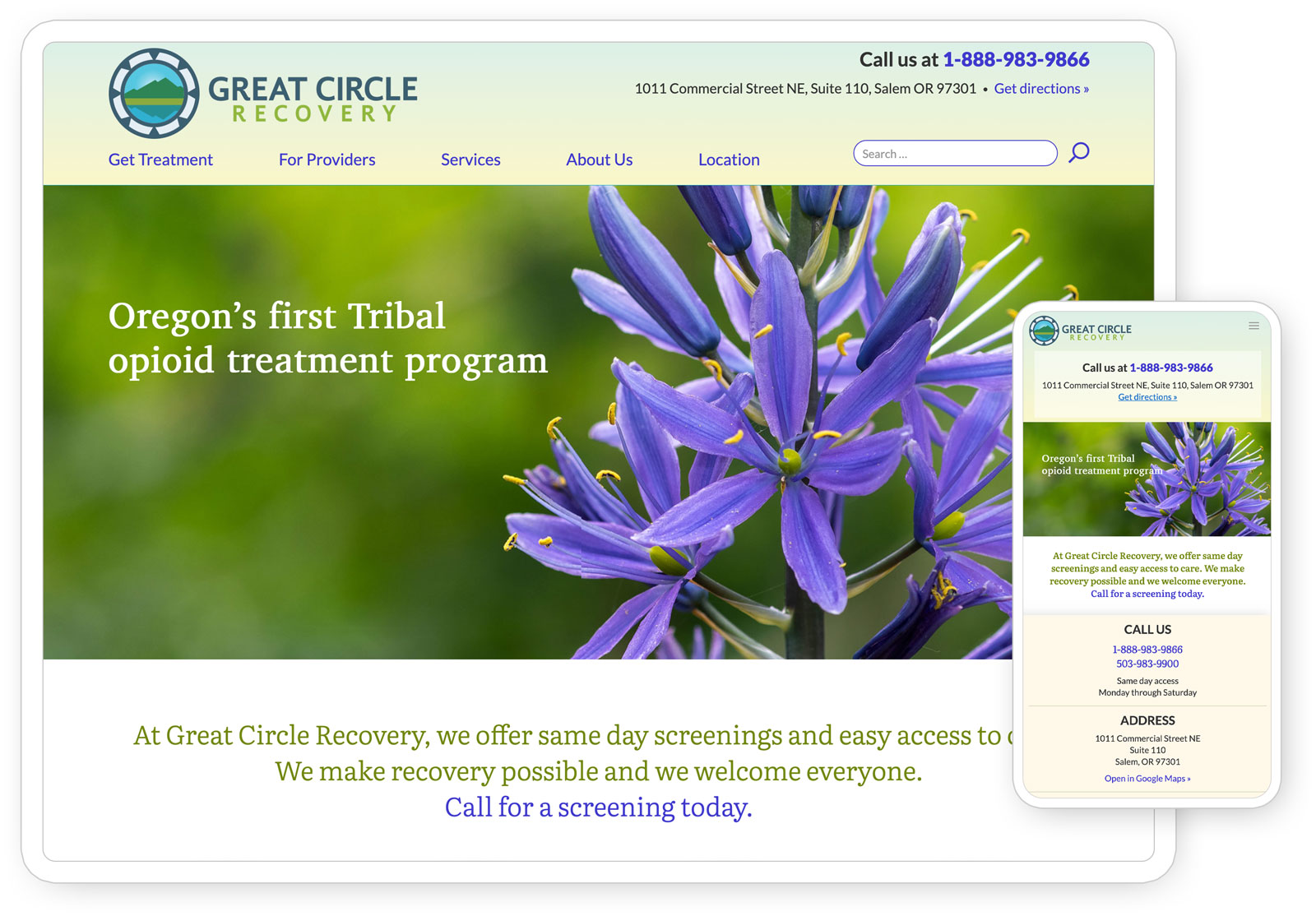 Home page of the Great Circle Recovery website seen on a tablet and phone.