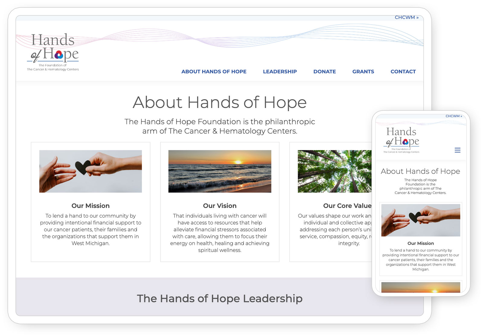 Home page of the Hands of Hope Foundation website seen on a tablet and phone.