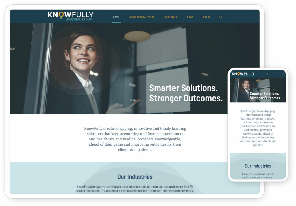 Home page of the KnowFully Learning Group website seen on a tablet and phone.