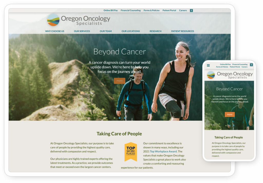 Home page of the Oregon Oncology Specialists website seen on a tablet and phone.