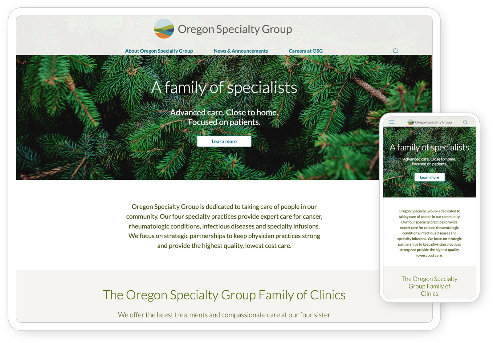 Home page of the Oregon Specialty Group website seen on a tablet and phone.