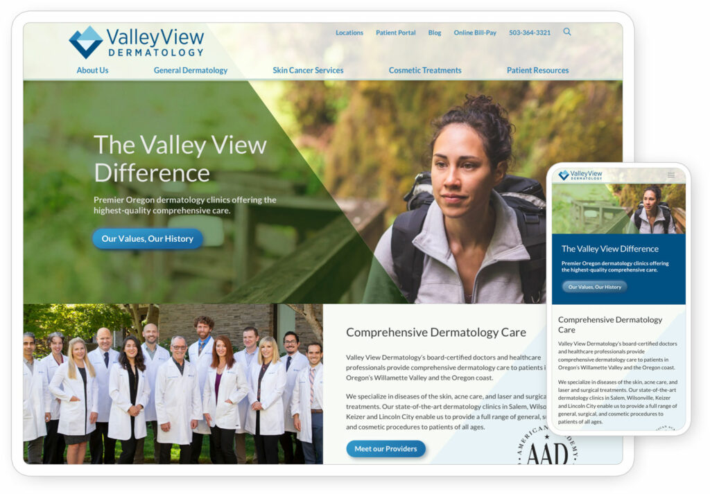 Home page of the Valley View Dermatology website seen on a tablet and phone.