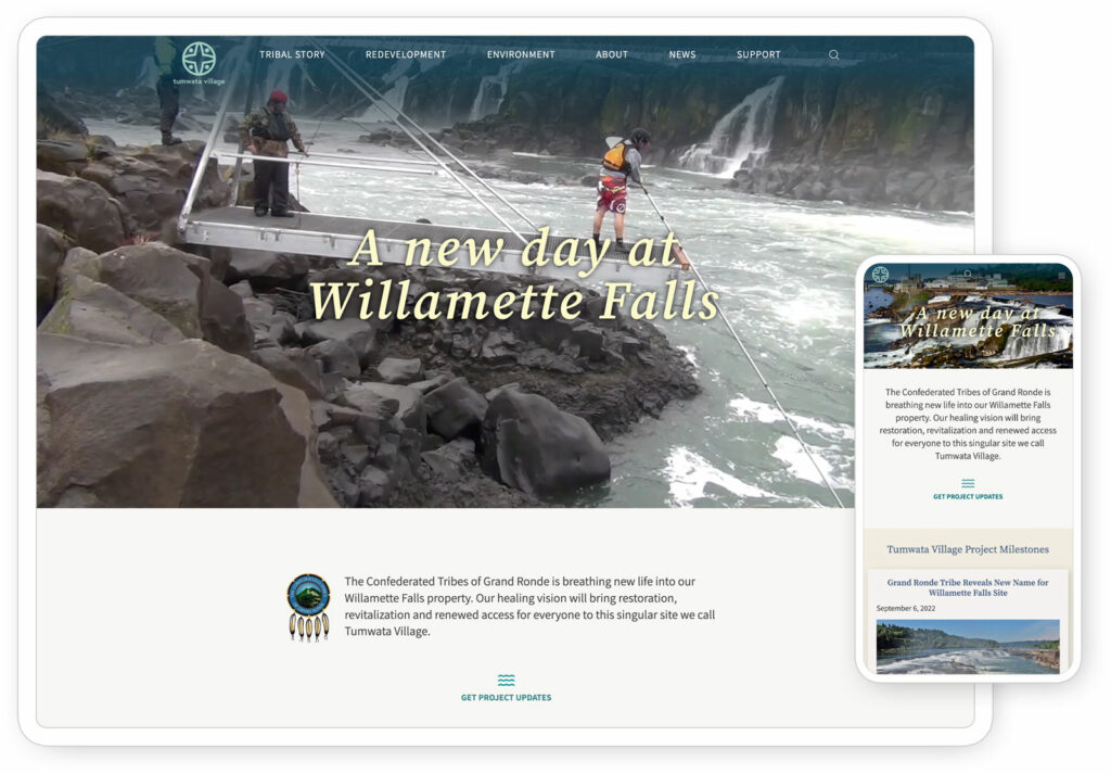 Home page of the tumwata village website seen on a tablet and phone.