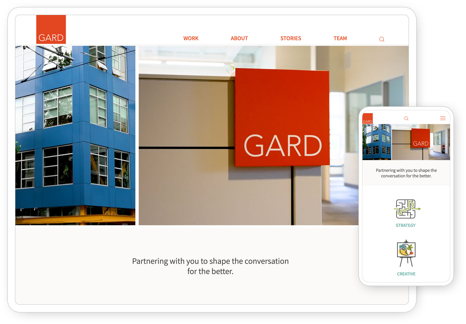 Home page of the Gard Communications website seen on a tablet and phone.