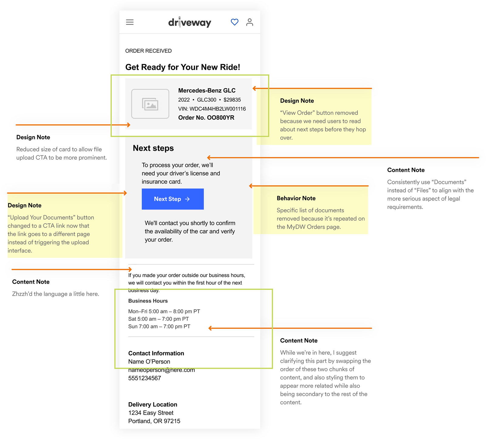 A lo-fi design of a screen with notes and feedback annotations.